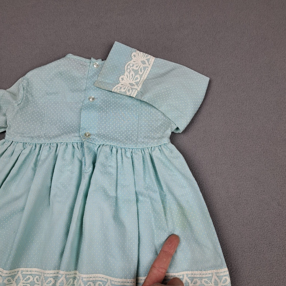 Vintage Handmade Girls Dress Size 4-5 Blue White Lace‎ Trimmed Polka Dot 50s 60s - Picture 15 of 15